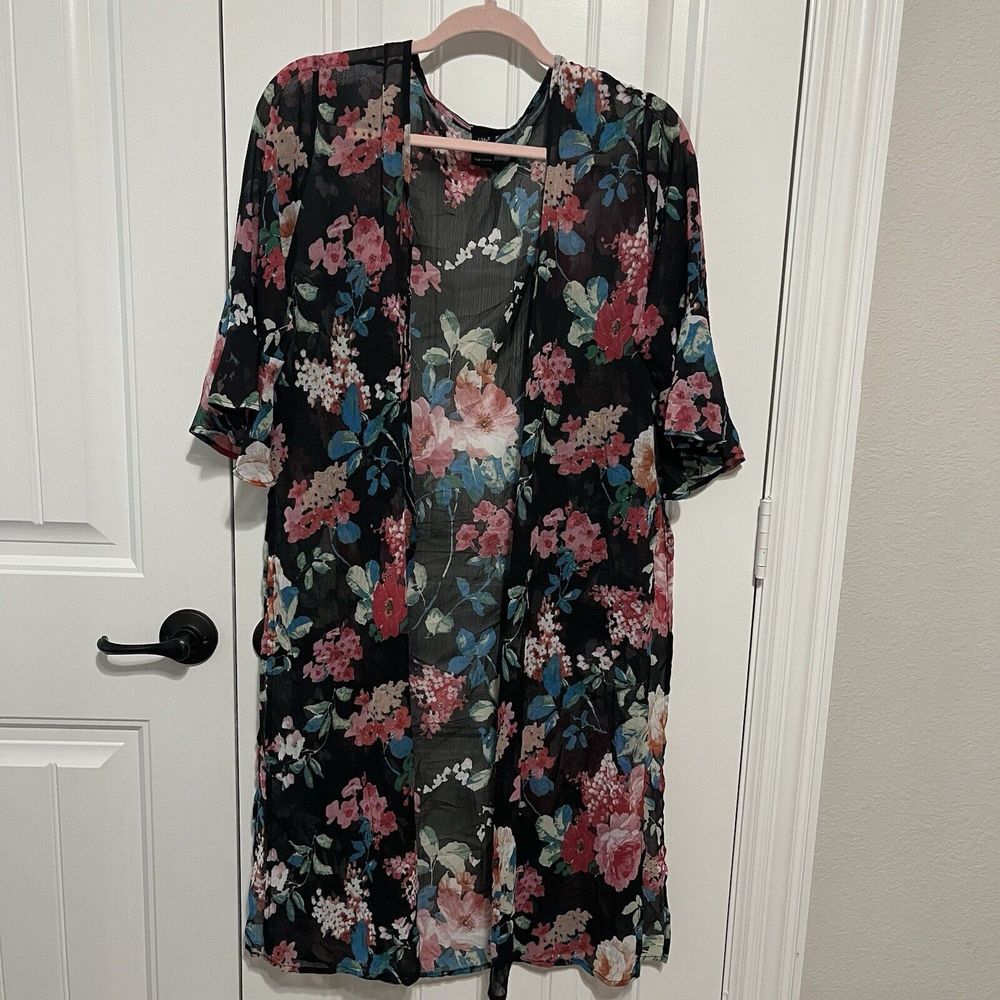 Lildy Kimono Duster Black Red Floral Boho Flounce‎ Sleeve SZ S-M
